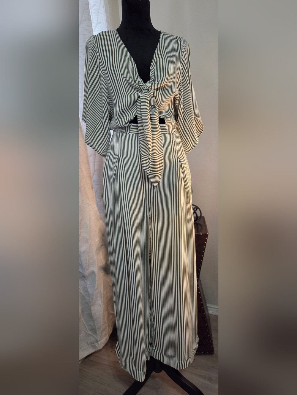 Moon River Tie Front Cutout Striped Jumpsuit